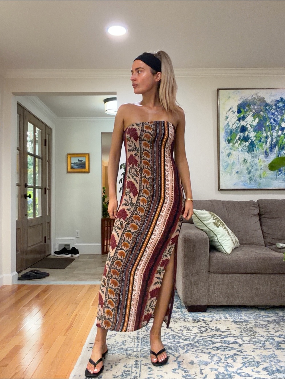 Nasty Gal Strapless Boho Maxi Dress in Burgundy and Cream